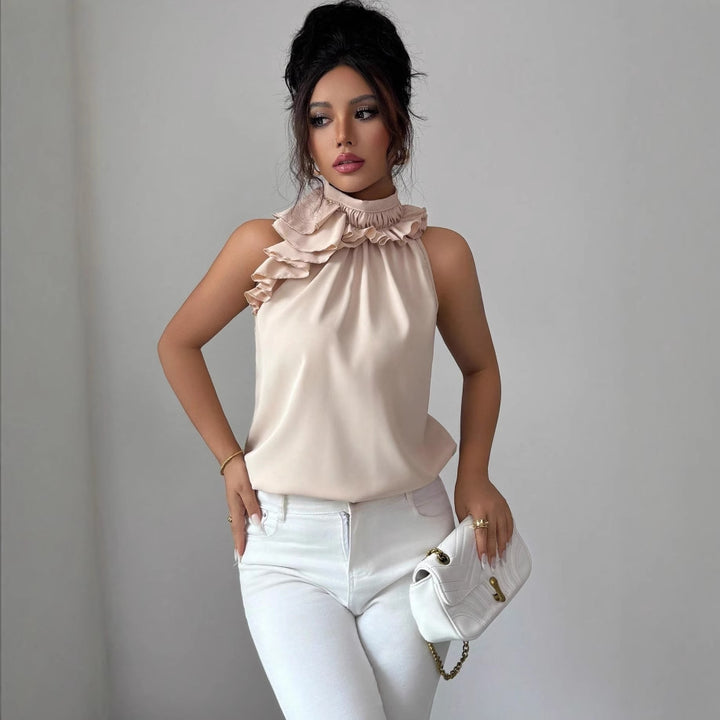 Damen Hochgeschlossenes Chiffon-Top mit Rüschenkragen und asymmetrischem Volant Drune