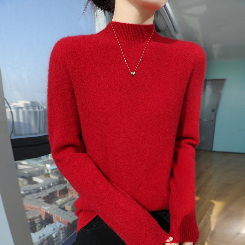 Damen Schlanker minimalistischer Stehkragen-Feinstrickpullover mit geripptem Hals Drune
