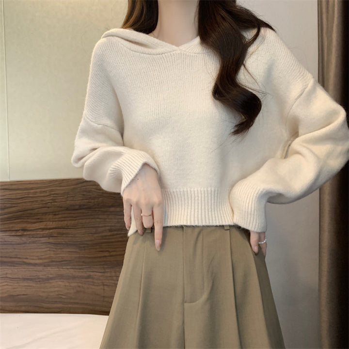 Damen lässiger Strickpullover mit Kapuze und lockeren Ärmeln Drune