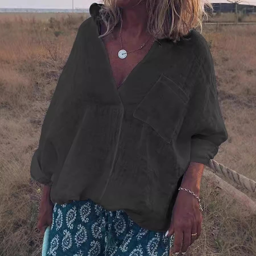 Damen Oversized Leinen-Look Bluse mit tiefem V-Ausschnitt, aufgesetzter Brusttasche und hochgerollten Dreiviertelärmel Drune