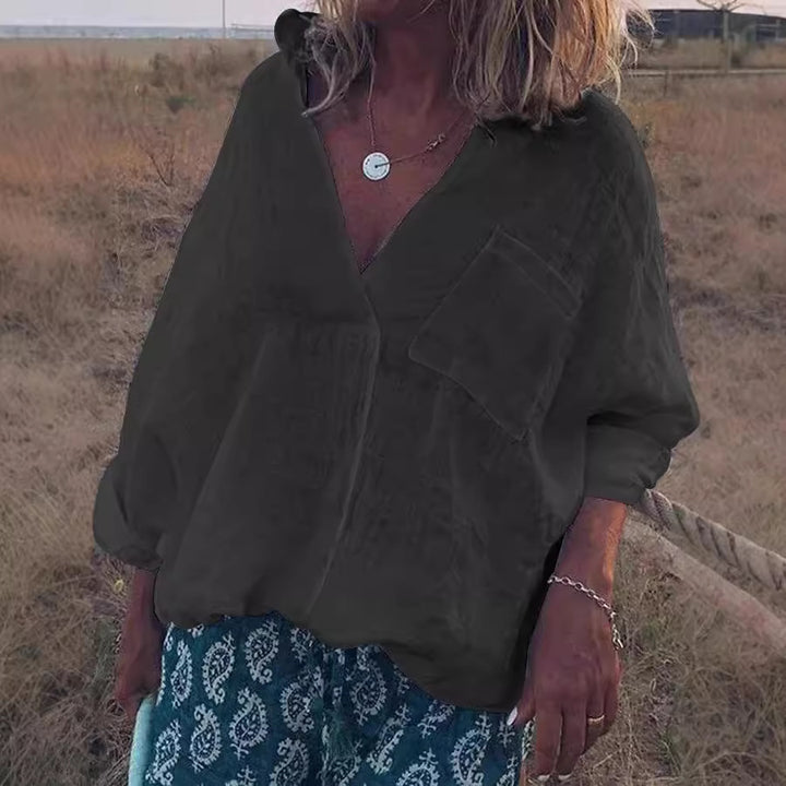 Damen Oversized Leinen-Look Bluse mit tiefem V-Ausschnitt, aufgesetzter Brusttasche und hochgerollten Dreiviertelärmel Drune