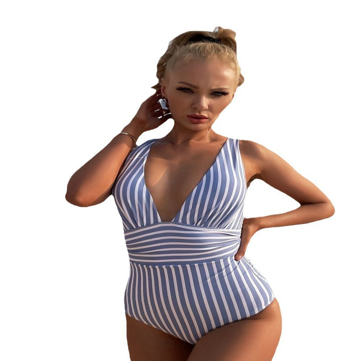 Damen Eleganter V-Ausschnitt Einteiler mit gestreiftem Design Drune