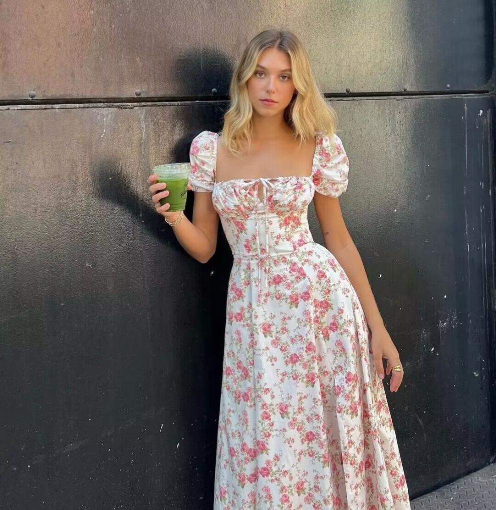 Damen Sommerliches Blumenkleid mit hochgeschlossenem Ausschnitt und Puffärmeln Drune