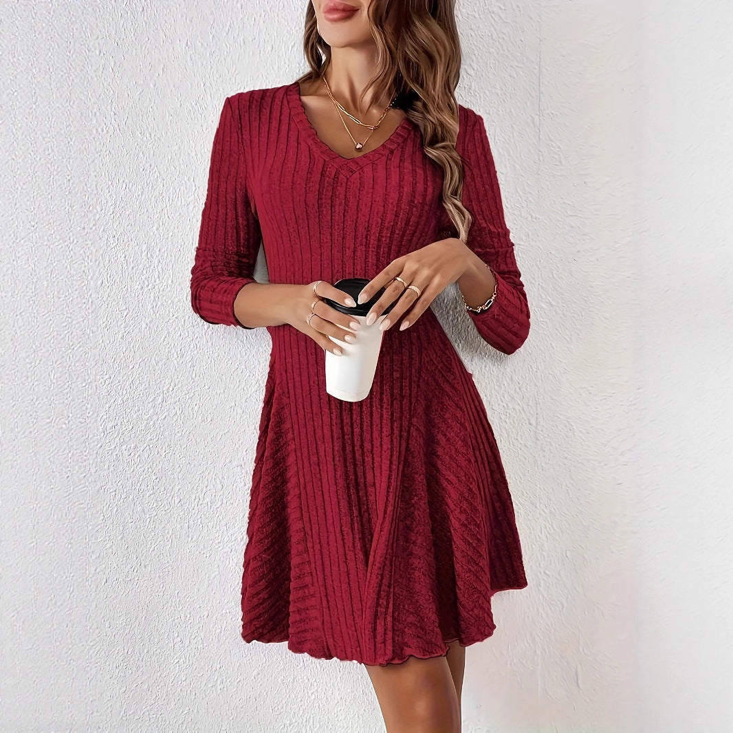 Damen V-Ausschnitt Kleid mit ausgestelltem Saum und langen Ärmeln Drune