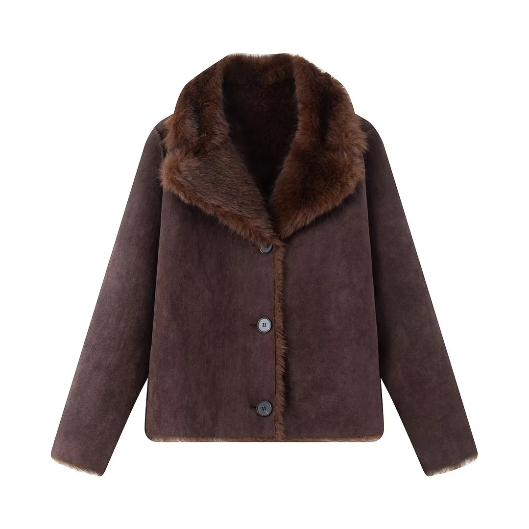 Damen nan kurze Lammfelloptik-Jacke mit voluminösem Schalkragen und verdeckter Knopfleiste Drune