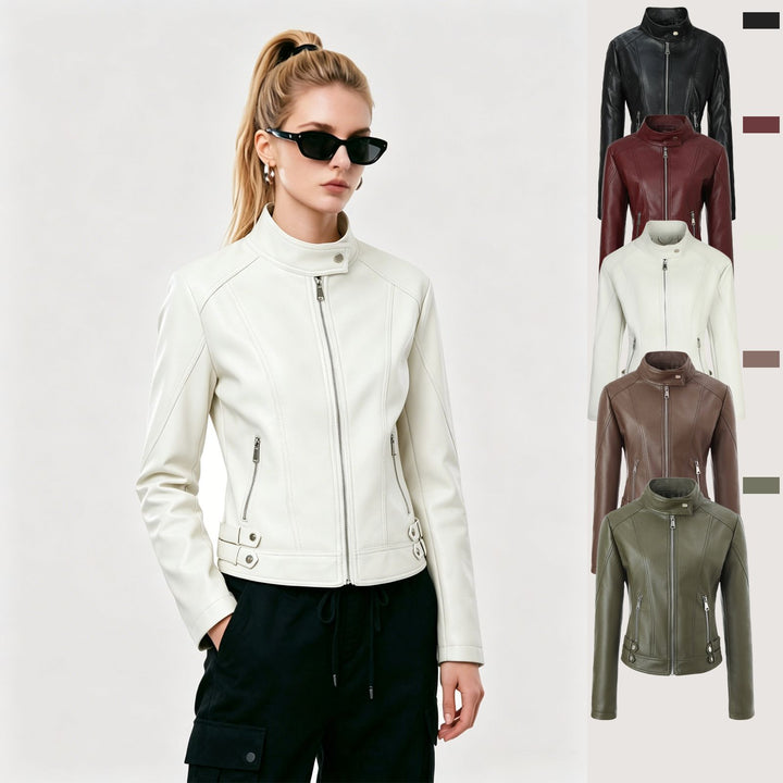 Damen Modische Kunstlederjacke mit Reißverschluss und seitlichen Taschen Drune
