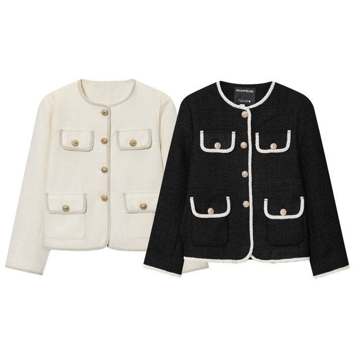 Damen nan kastige Bouclé-Jacke mit kontrastpaspel, vier Zier-Fronttaschen und goldenen Schmuckknöpfen Drune