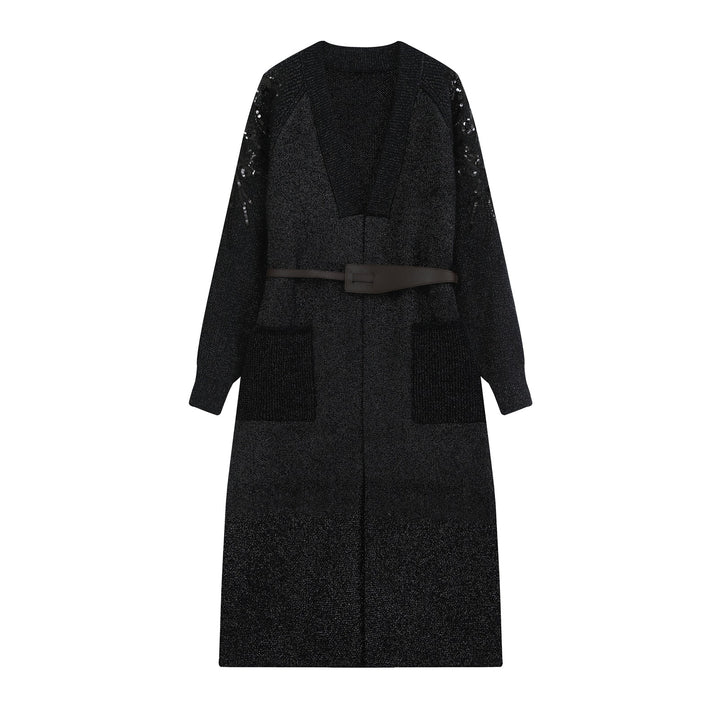 Damen Lange Strickjacke mit Gürtel, tiefem V‑Ausschnitt und bestickten Paillettenärmeln Drune