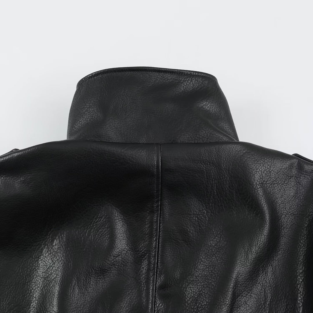 Herren Biker-Lederjacke mit hohem Stehkragen, Schulterklappen und Taillengürtel Drune