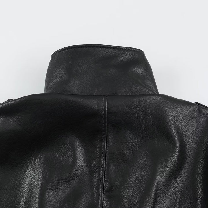Herren Biker-Lederjacke mit hohem Stehkragen, Schulterklappen und Taillengürtel Drune