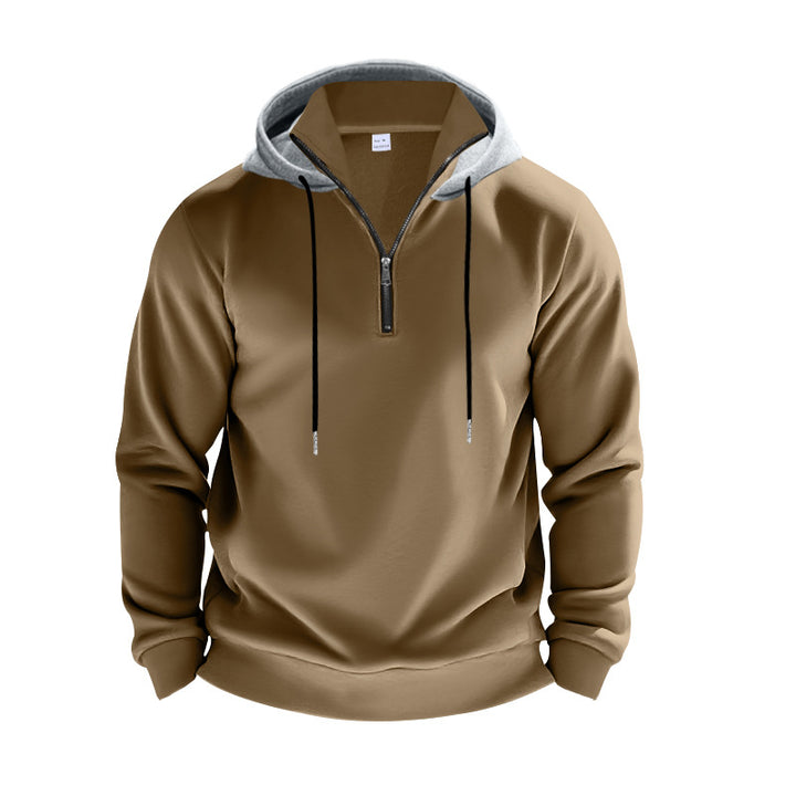 Herren nan sportives Kapuzen-Sweatshirt mit kurzem Frontreißverschluss, kontrastgefütterter Kapuze und elastischen Rippbündchen Drune