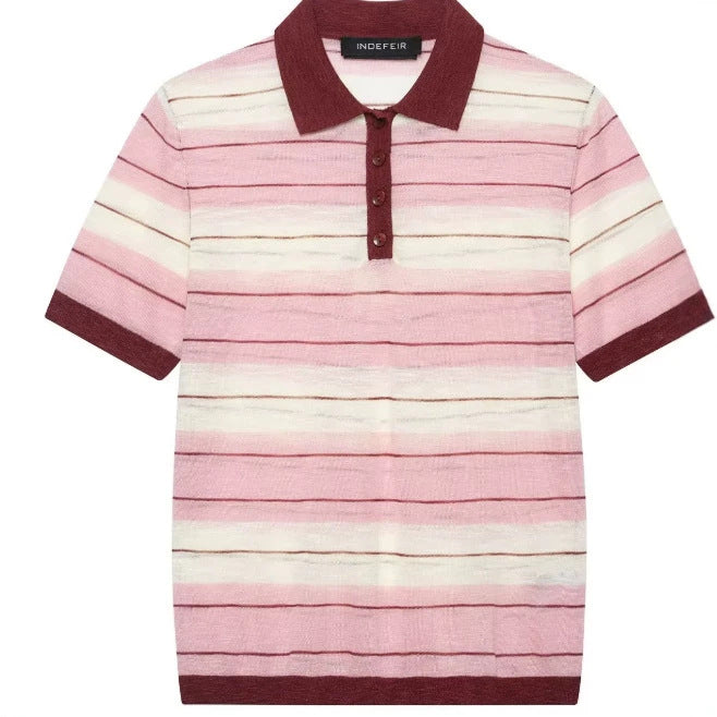Damen Kurzärmeliges gestreiftes Strick‑Poloshirt mit Rippkragen und Knopfleiste Drune