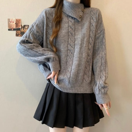 Damen Strickpullover mit Stehkragen und Zopfmuster Drune