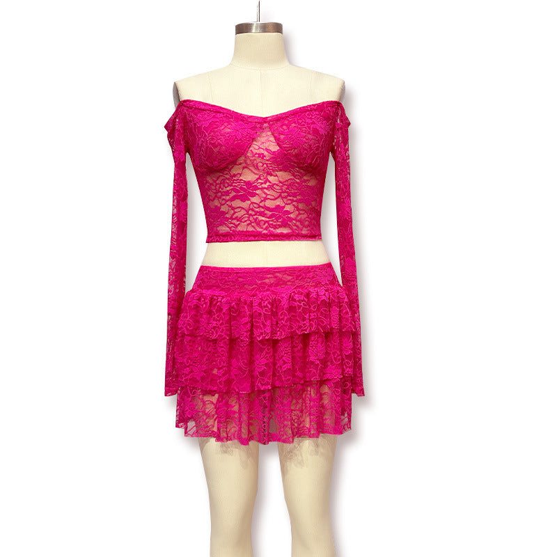 Damen Verspieltes Spitzenkleid mit transparenten Ärmeln und gestuftem Rock Drune