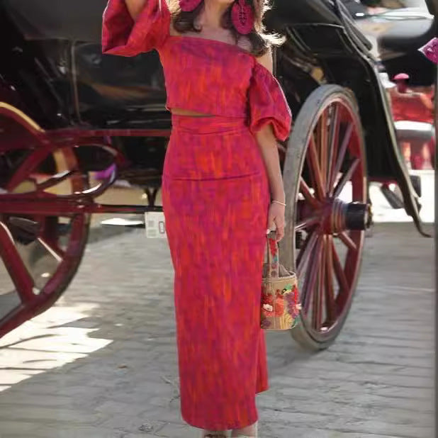 Damen figurbetontes Maxikleid mit Puffärmeln und elegantem V-Ausschnitt Drune