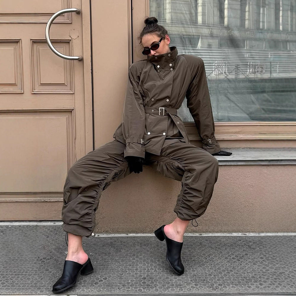 Damen modische Utility-Jacke mit Taillengürtel und trendy Knopfdetails Drune