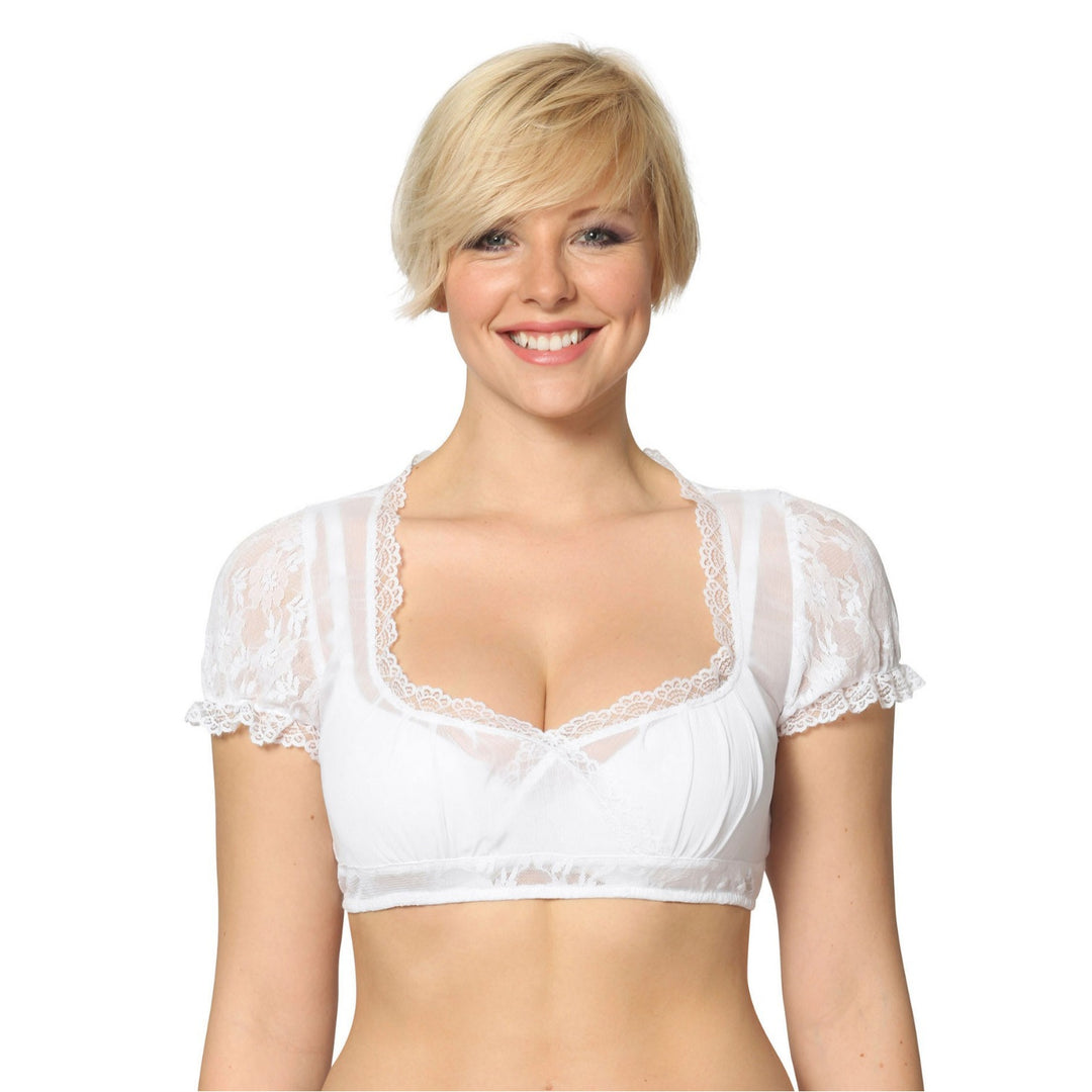 Damen  traditionelle Dirndlbluse mit feiner Spitze, tiefem Herzausschnitt und geraffter Taille Drune