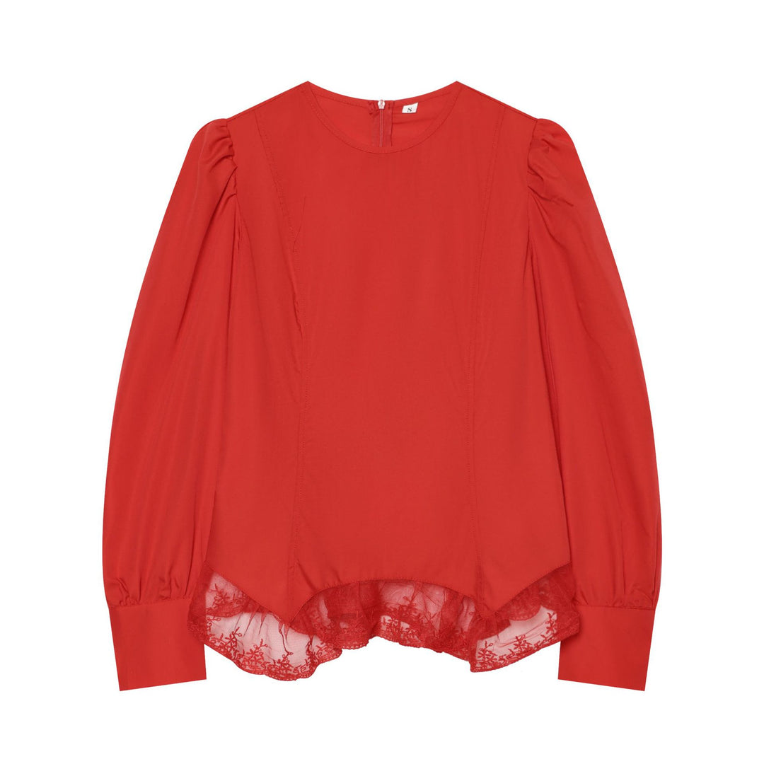 Damen Bluse mit Ballonärmeln und Spitzenbesatz Drune