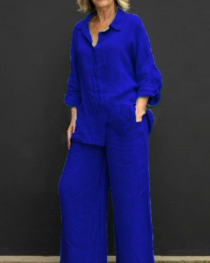 Damen Leichtes Leinen-Loungewear-Set mit Oversized-Hemd und weiter Palazzo-Hose Drune