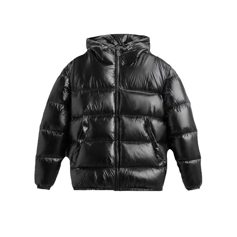 Damen Steppdaunenjacke mit Kapuze und Hochglanz-Oberfläche, Zwei-Wege-Reißverschluss und Kängurutaschen Drune