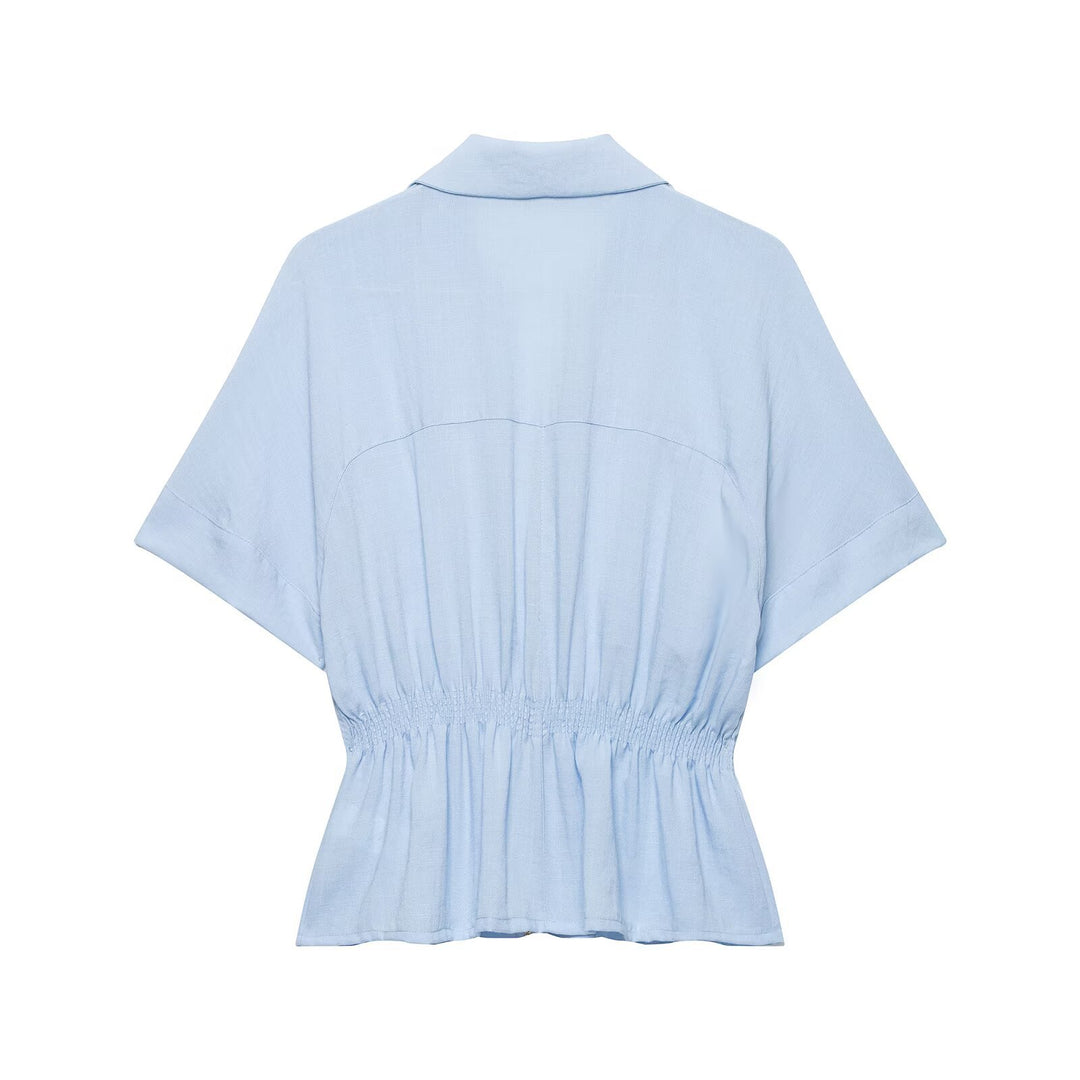 Damen Kurzärmelige Taillierte Blusenjacke mit Reißverschluss und Brustklappen Drune