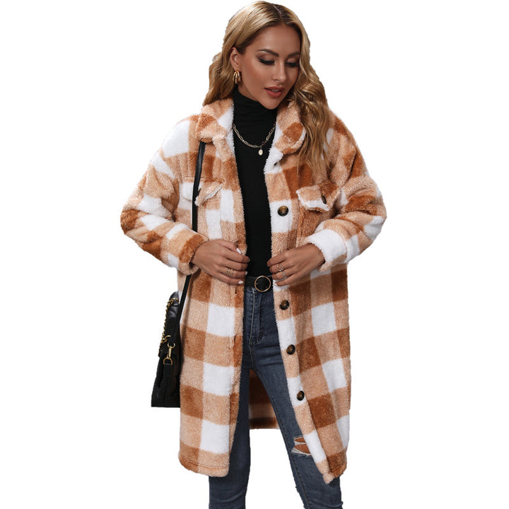 Damen Plüsch-Winterjacke mit kariertem Design und praktischen Taschen Drune