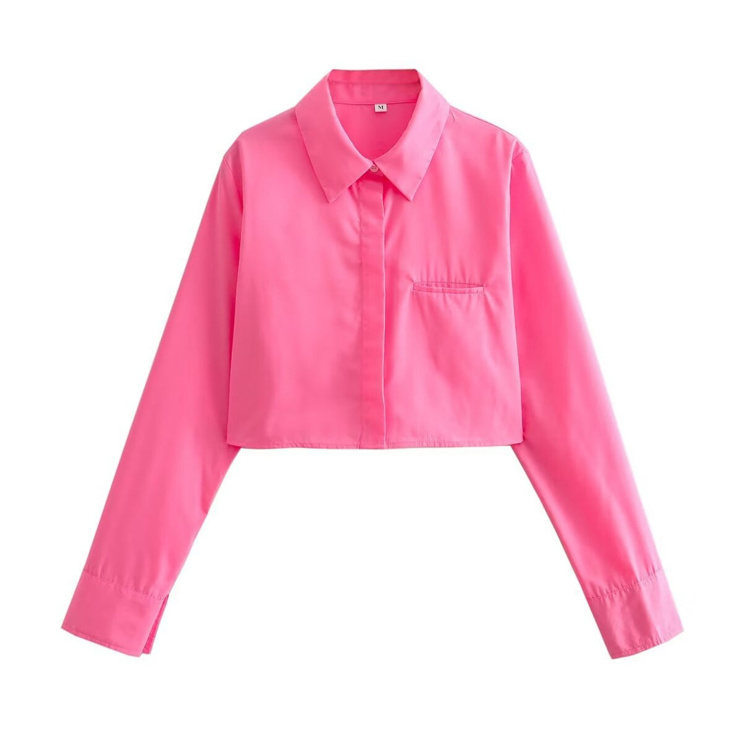 Damen nan kurze Hemdbluse mit klassischem Kragen, verdeckter Knopfleiste und Brusttasche Drune