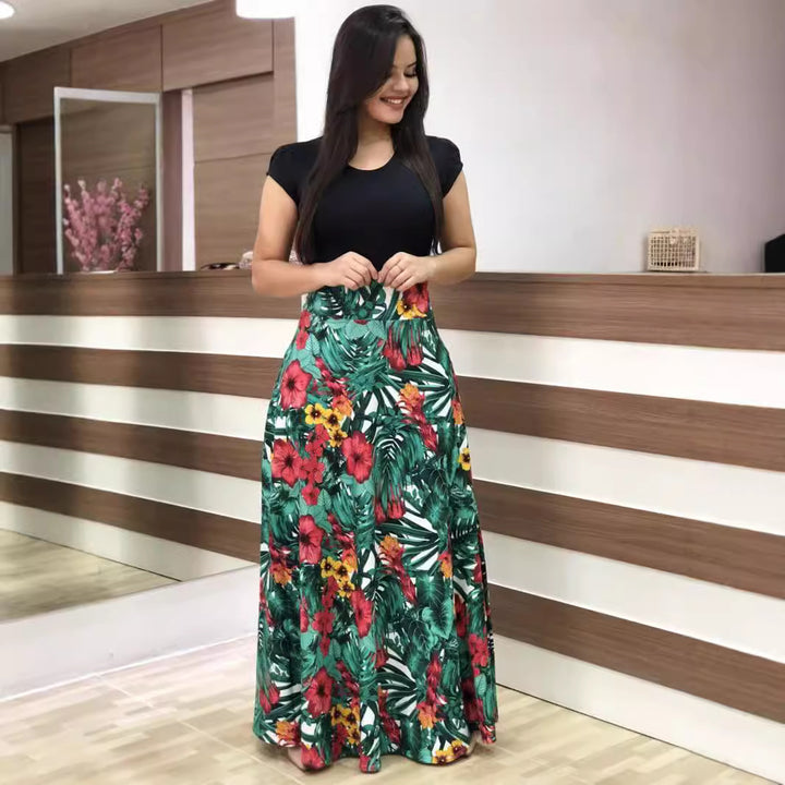 Damen Fließender Maxirock mit hoher Taille und großem Blumenprint Drune