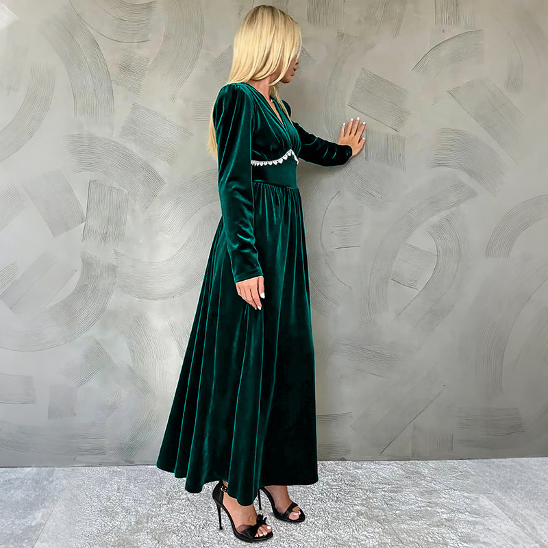 Damen Elegantes Maxikleid mit V-Ausschnitt und Rüschen Drune