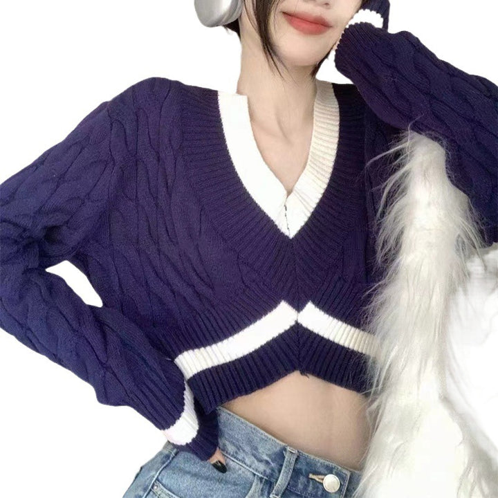 Damen stylischer cropped Pullover mit V-Ausschnitt und Zopfmuster Drune