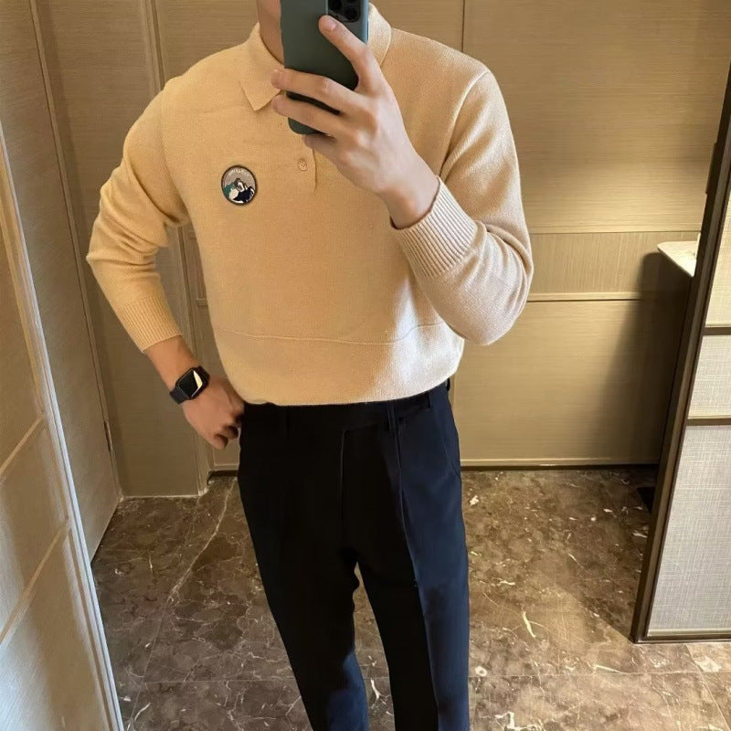 Herren Polokragen-Feinstrickpullover mit Emblem und gerippten Bündchen Drune