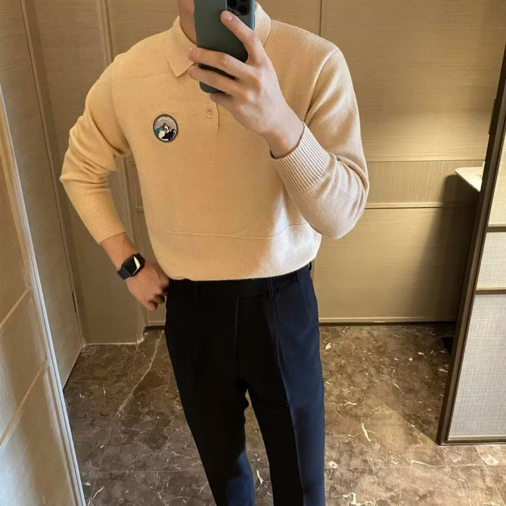 Herren Polokragen-Feinstrickpullover mit Emblem und gerippten Bündchen Drune