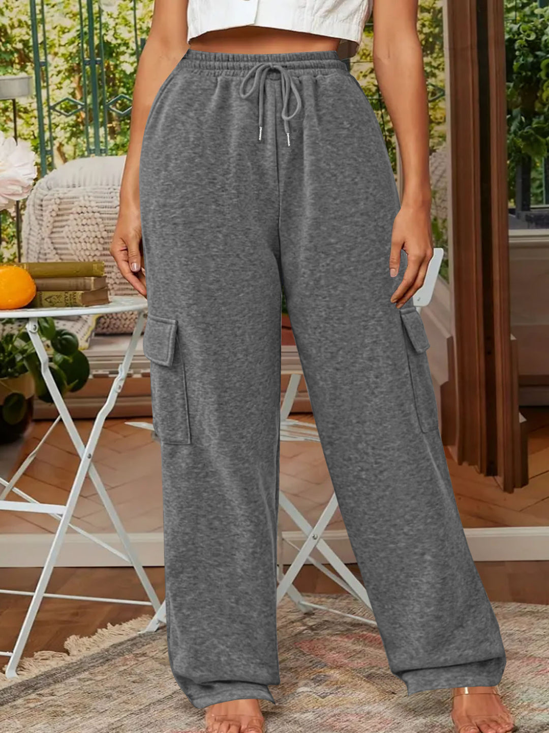 Damen Weiche Cargo-Loungehose mit elastischem Bund und weitem Bein Drune
