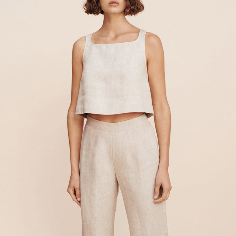 Damen lässiges Crop-Top aus hochwertigem Leinen mit geometrischem Schnitt und lockerer Passform Drune
