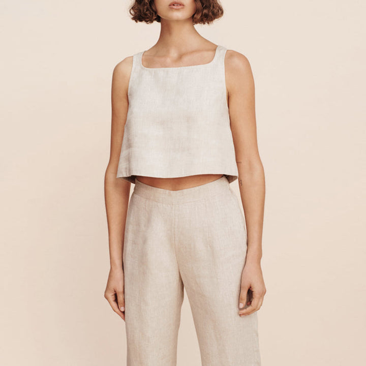 Damen lässiges Crop-Top aus hochwertigem Leinen mit geometrischem Schnitt und lockerer Passform Drune