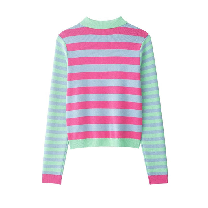 Damen Gestreifte Kurzstrickjacke mit Polokragen, kontrastierender Knopfleiste und Rippbündchen Drune
