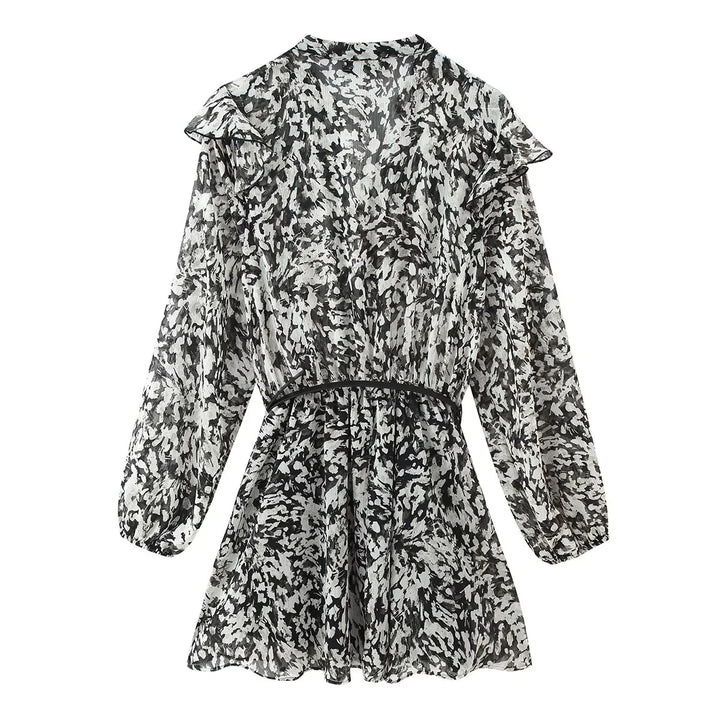 Damen nan geblümtes Volant-Chiffon-Minikleid mit Rüschen-V-Ausschnitt elastischer Taillenpartie und zartem Gürtel Drune