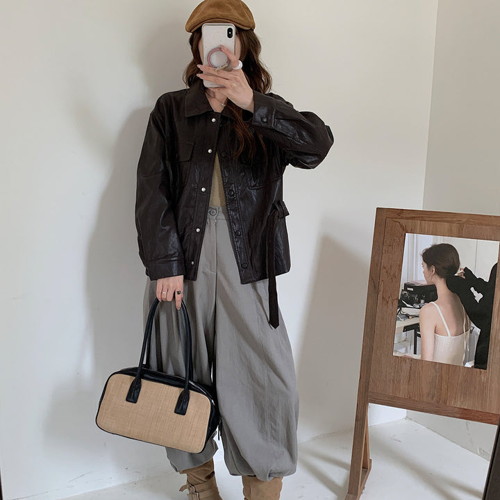 Damen Kurze Oversize-Lederjacke mit Taillenzug und Druckknopfleiste Drune