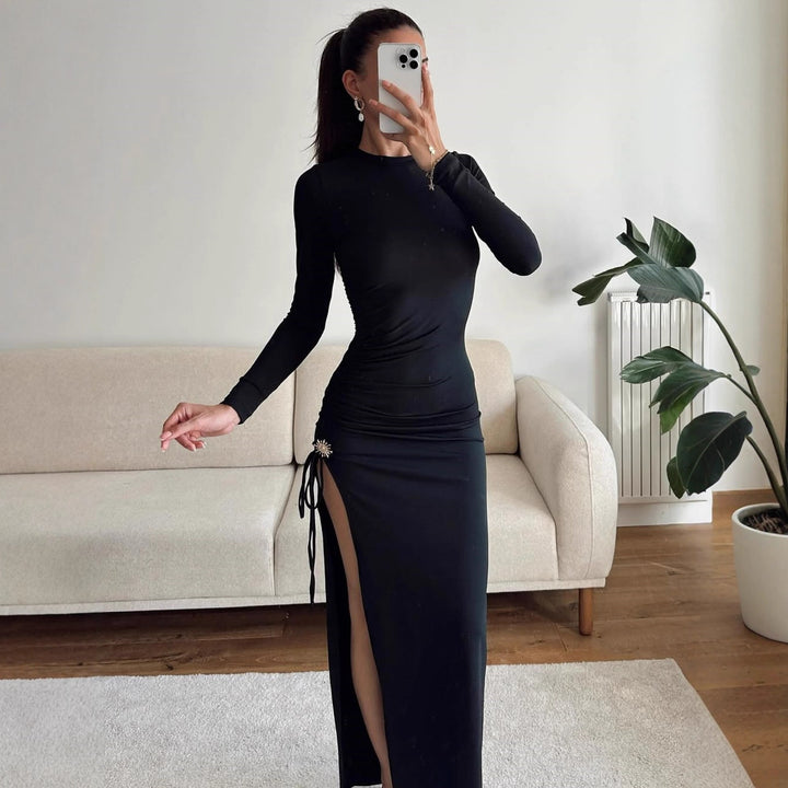 Damen elegantes, figurbetontes Kleid mit Raffungen und hohem Schlitz Drune