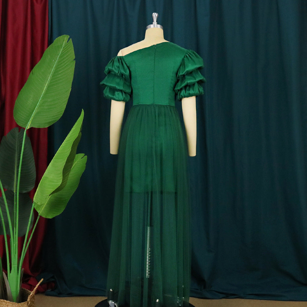 Damen Elegantes Tüllkleid mit asymmetrischem Ausschnitt und voluminösen Puffärmeln Drune
