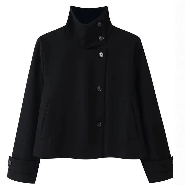 Damen Kurzjacke im Boxy‑Cut mit hohem Stehkragen und Hornknöpfen Drune