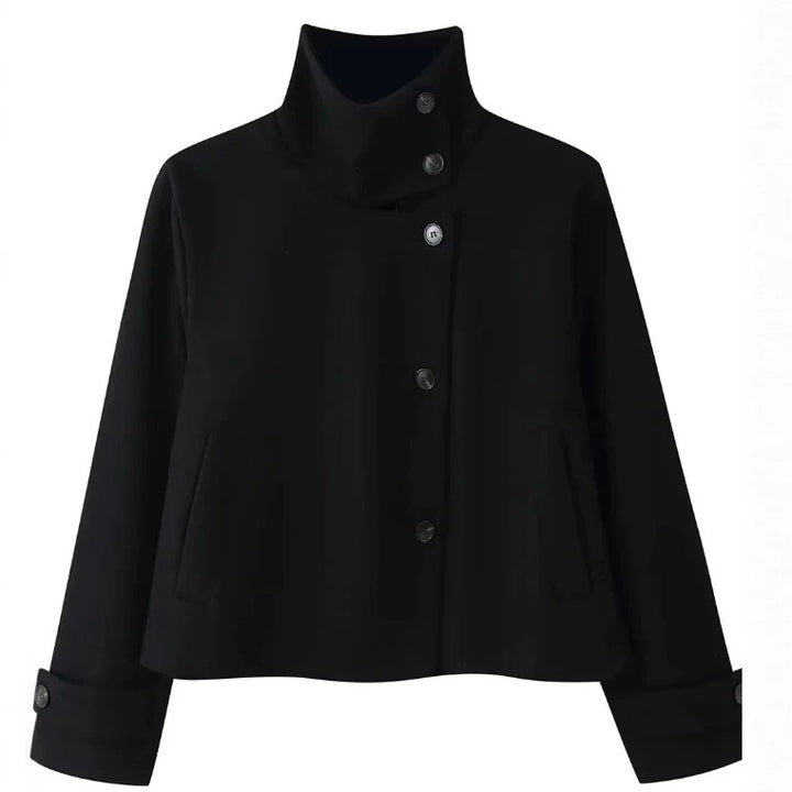Damen Kurzjacke im Boxy‑Cut mit hohem Stehkragen und Hornknöpfen Drune