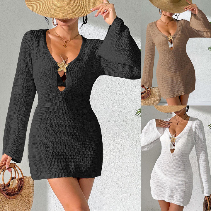 Damen gehäkeltes Strandkleid mit elegantem V-Ausschnitt und langen Ärmeln Drune