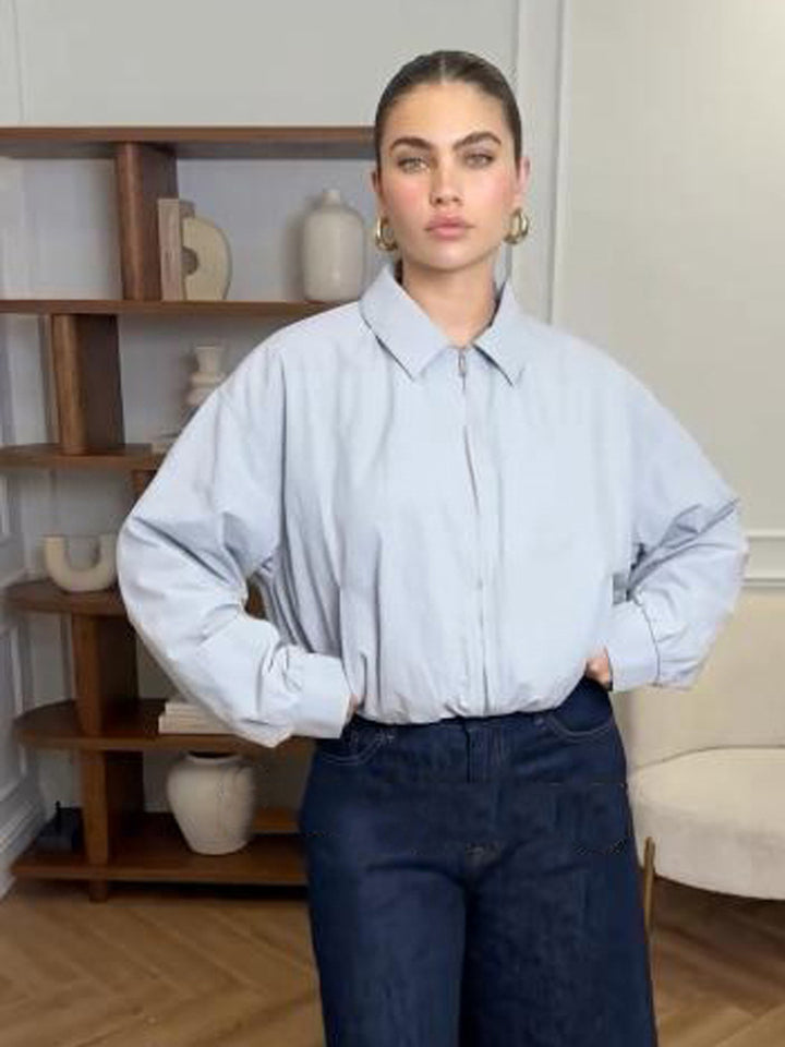 Damen Kurze Boxy-Hemdjacke mit Reißverschluss und elastischem Saum Drune