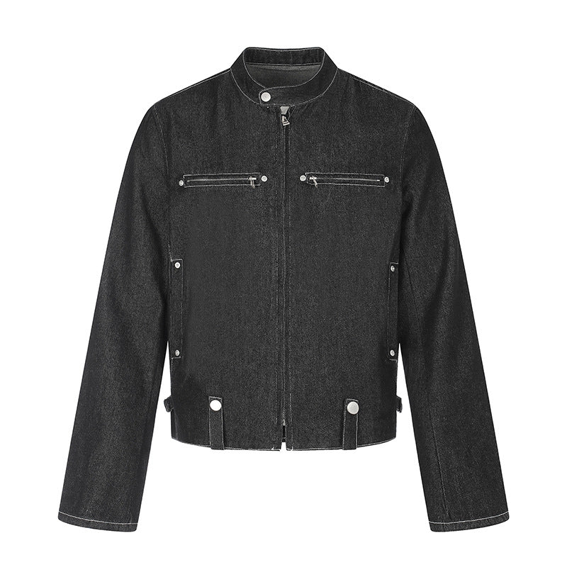 Damen kurze Denim-Bikerjacke mit Stehkragen, Reißverschluss und Druckknopfdetails Drune