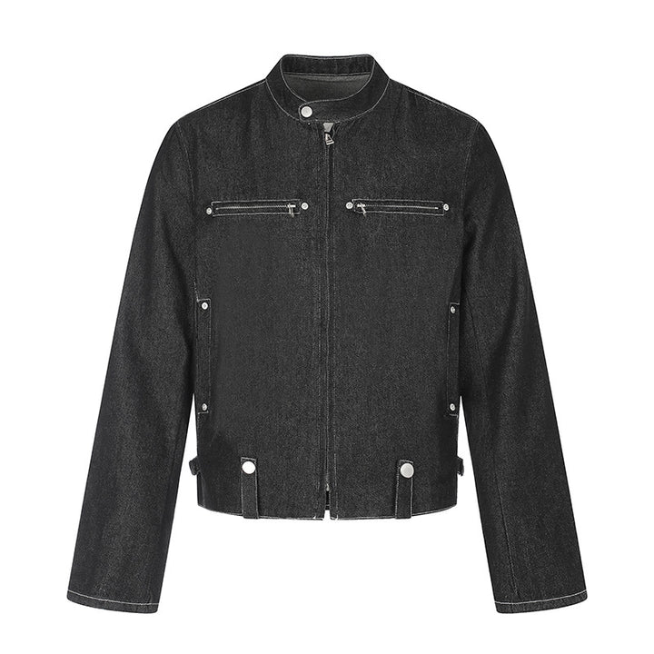 Damen kurze Denim-Bikerjacke mit Stehkragen, Reißverschluss und Druckknopfdetails Drune