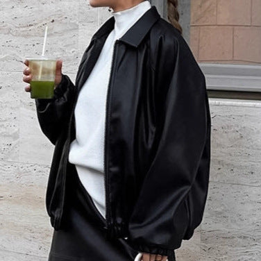 Damen modische Kunstlederjacke im lässigen Oversized-Schnitt Drune