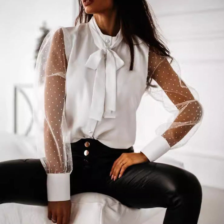Damen Bluse mit transparenten Puffärmeln und filigranem Schleifen-Detail Drune