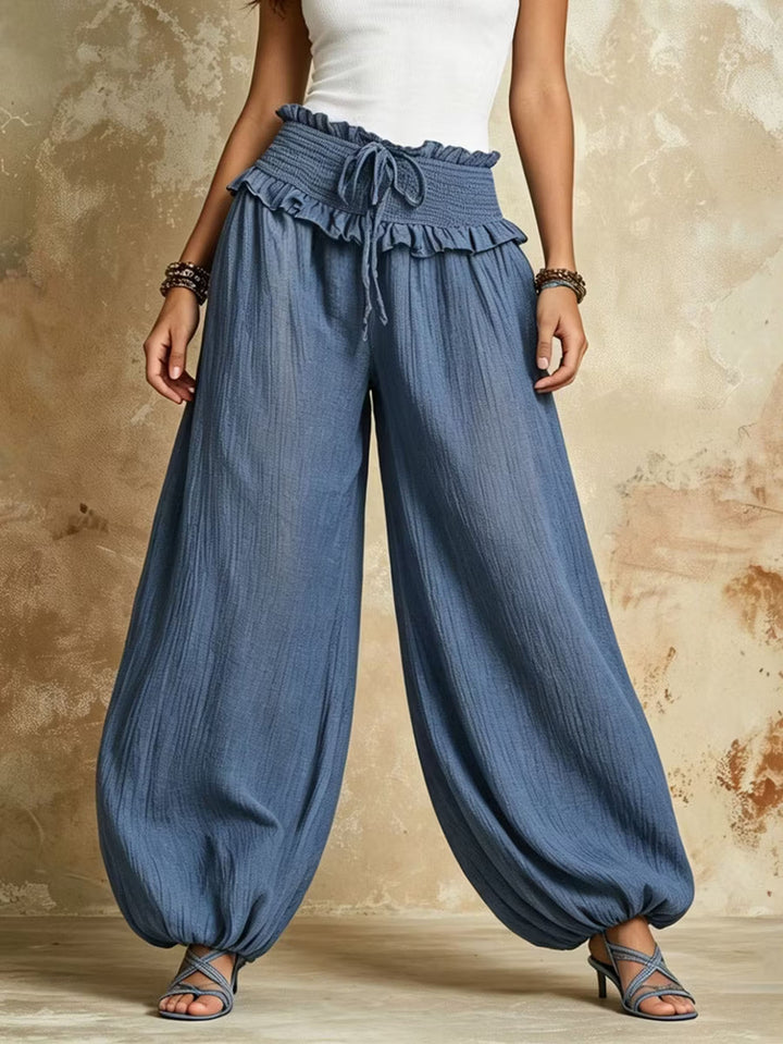 Damen Weite Haremshose mit gerafftem Smock-Bund und elastischen Knöchelabschlüssen Drune
