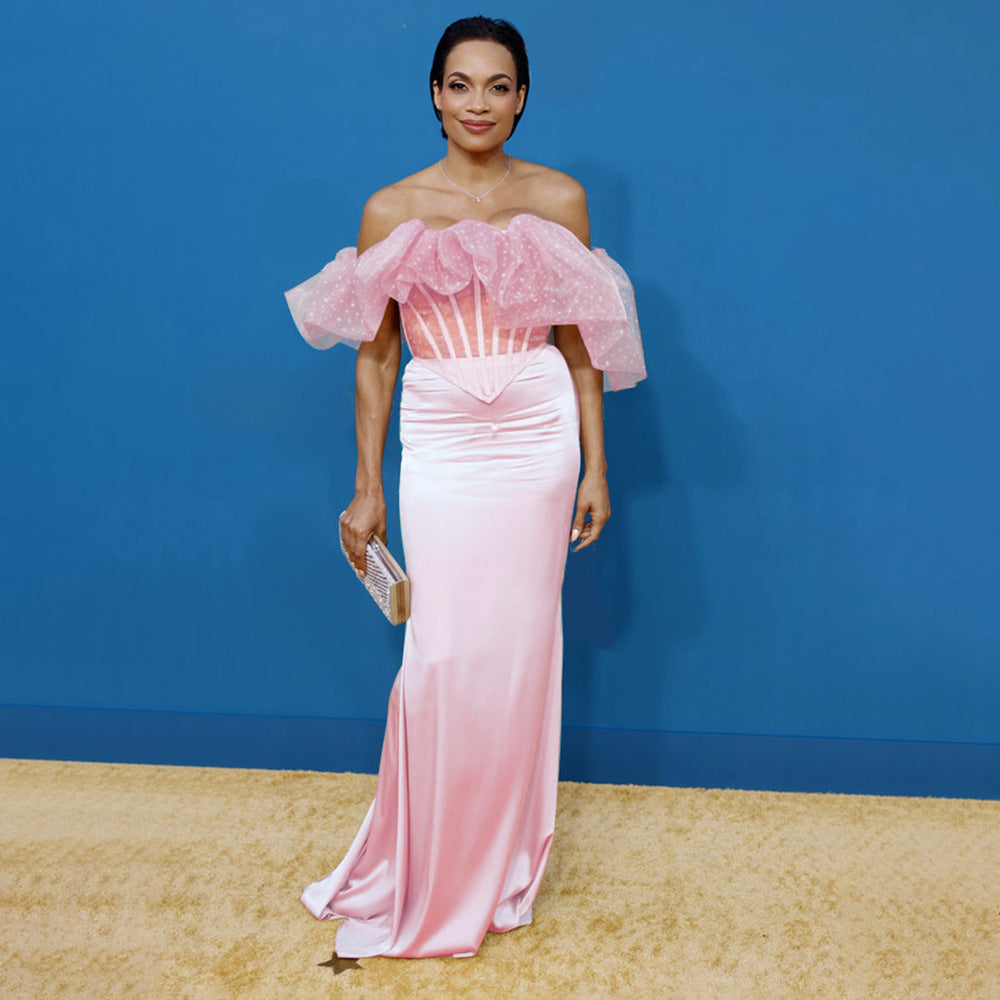 Damen Elegantes langes Abendkleid mit voluminösen Rüschen und figurformendem Design Drune